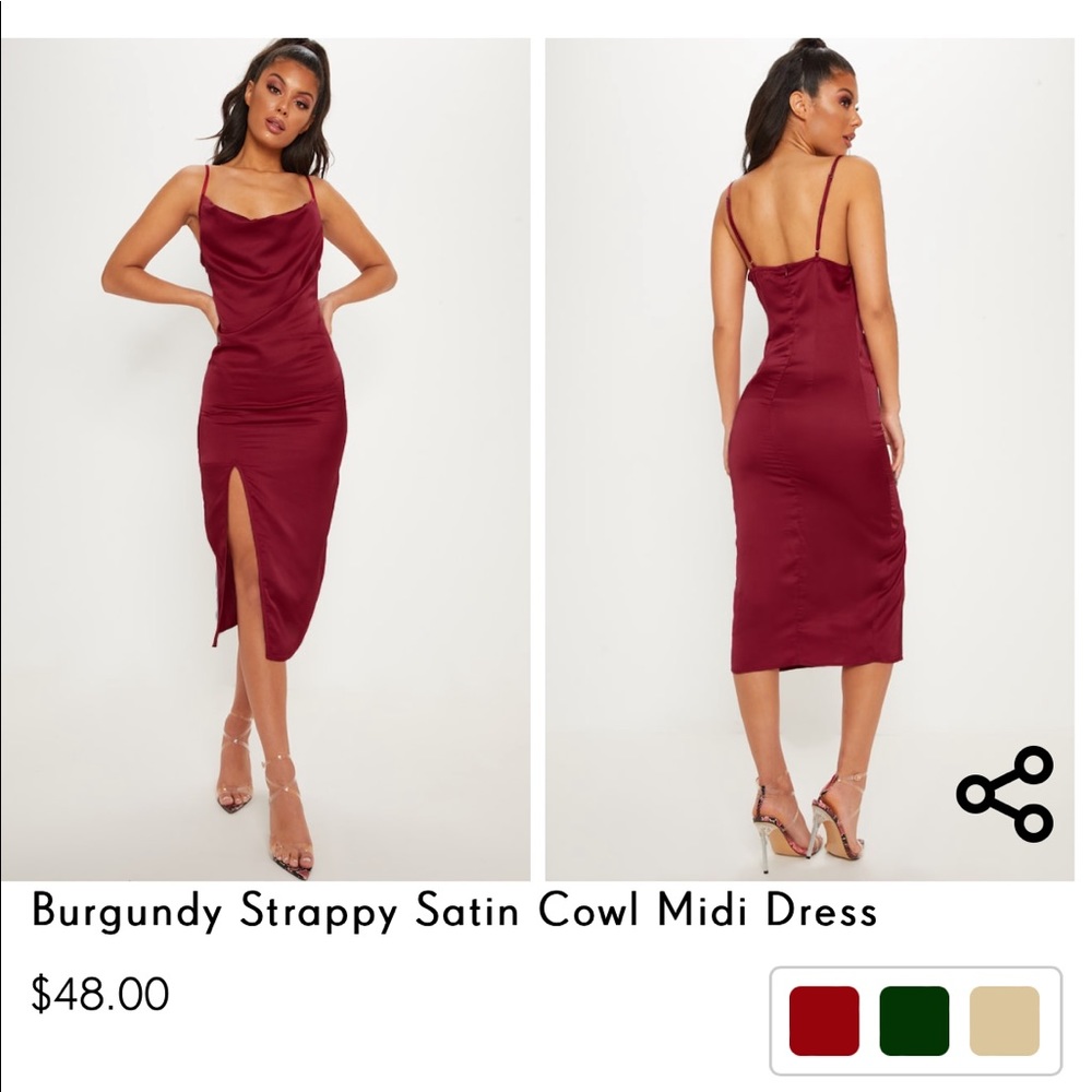 Burgundy Strappy Satin Cowl MIDI Dress